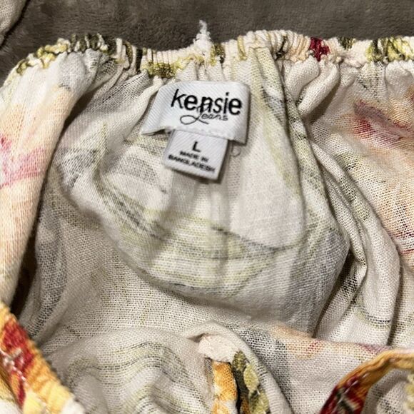 Kensie Jeans L Beige Gold Green Lily Linen On Off Shoulder Square Neck Top - Picture 7 of 10